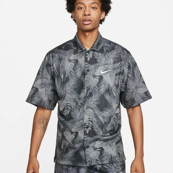 Nike Dri-FIT Camp Shirt S Black Gray Tropical Aloha Floral Golf Resort Button Up - Picture 8 of 11